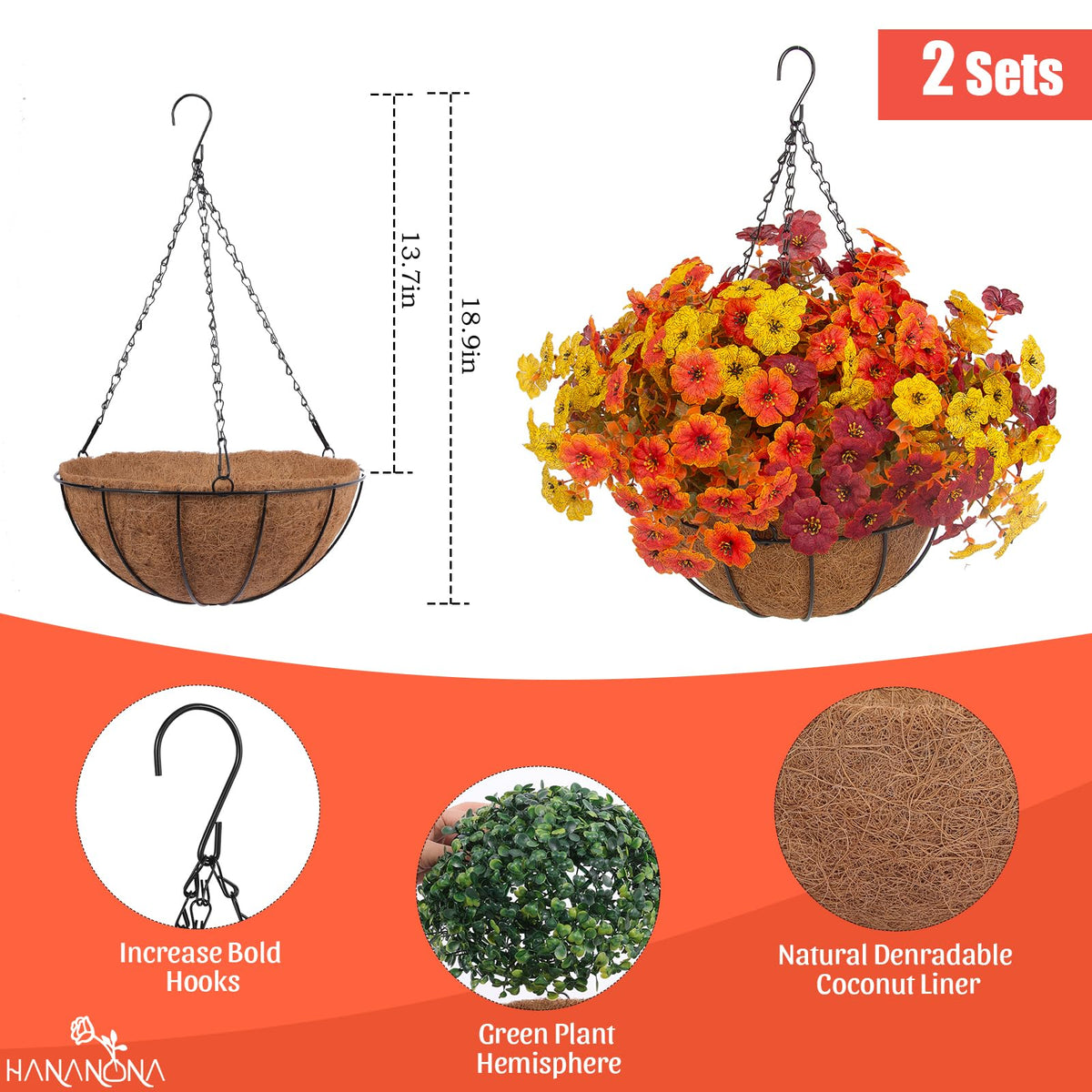Hananona 2 Set Artificial Outdoor Fall Flowers with Hanging - Hananona Official Imagery - 3
