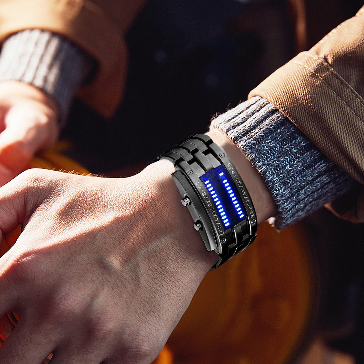 FANMIS Creative Mens Binary Matrix Blue LED Digital Watch – back view and specifications