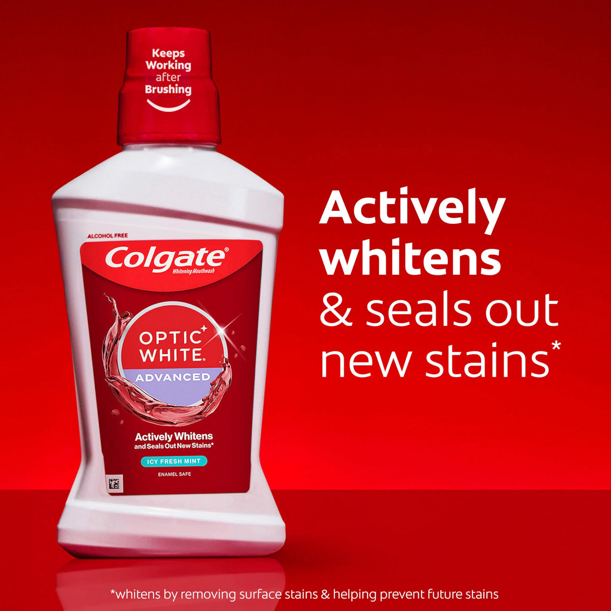 Colgate Optic White Teeth Whitening Mouthwash ICY Fresh Mint – close-up detail