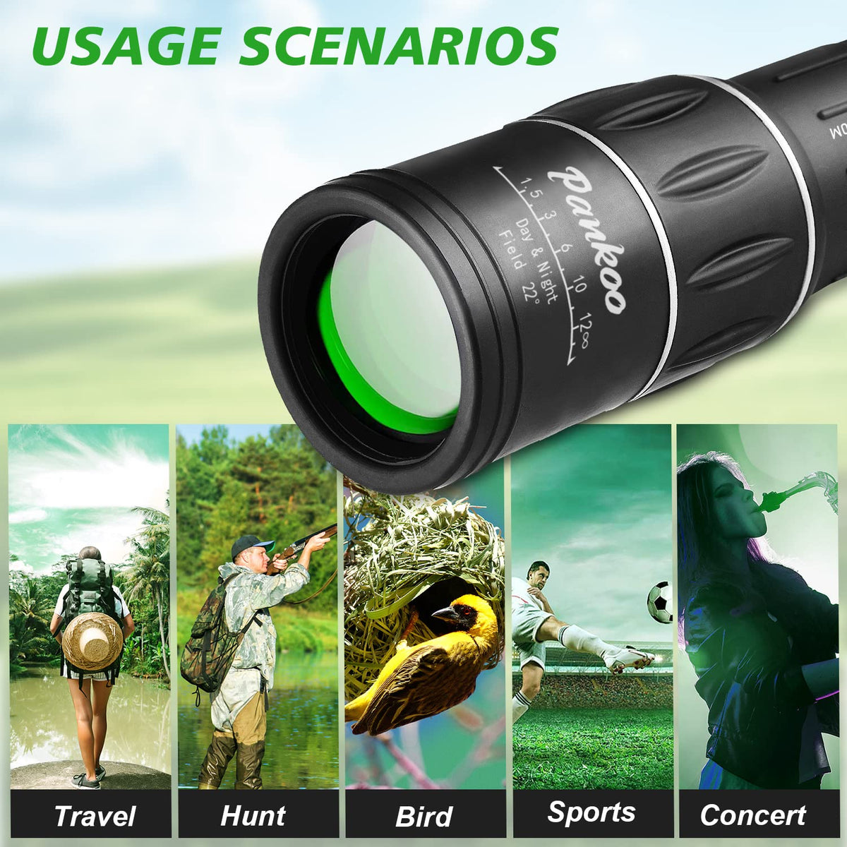 Pankoo 16x52 Monocular Telescope High Powered 2026 Power Prism – back view and specifications