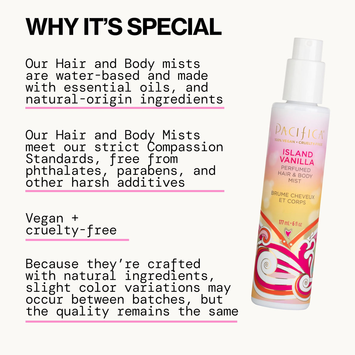 Pacifica Island Vanilla Hair Mist Perfume and Full Body – packaging and label