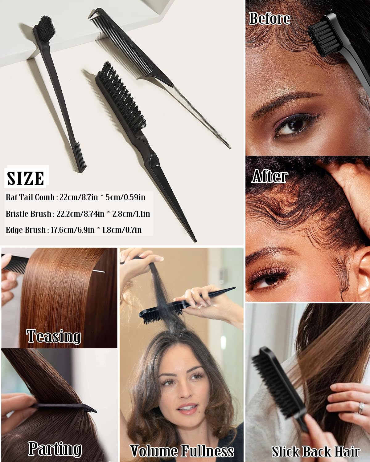 Samnyte Slick Back Hair Brush Hair Wax Stick Set – back view and specifications