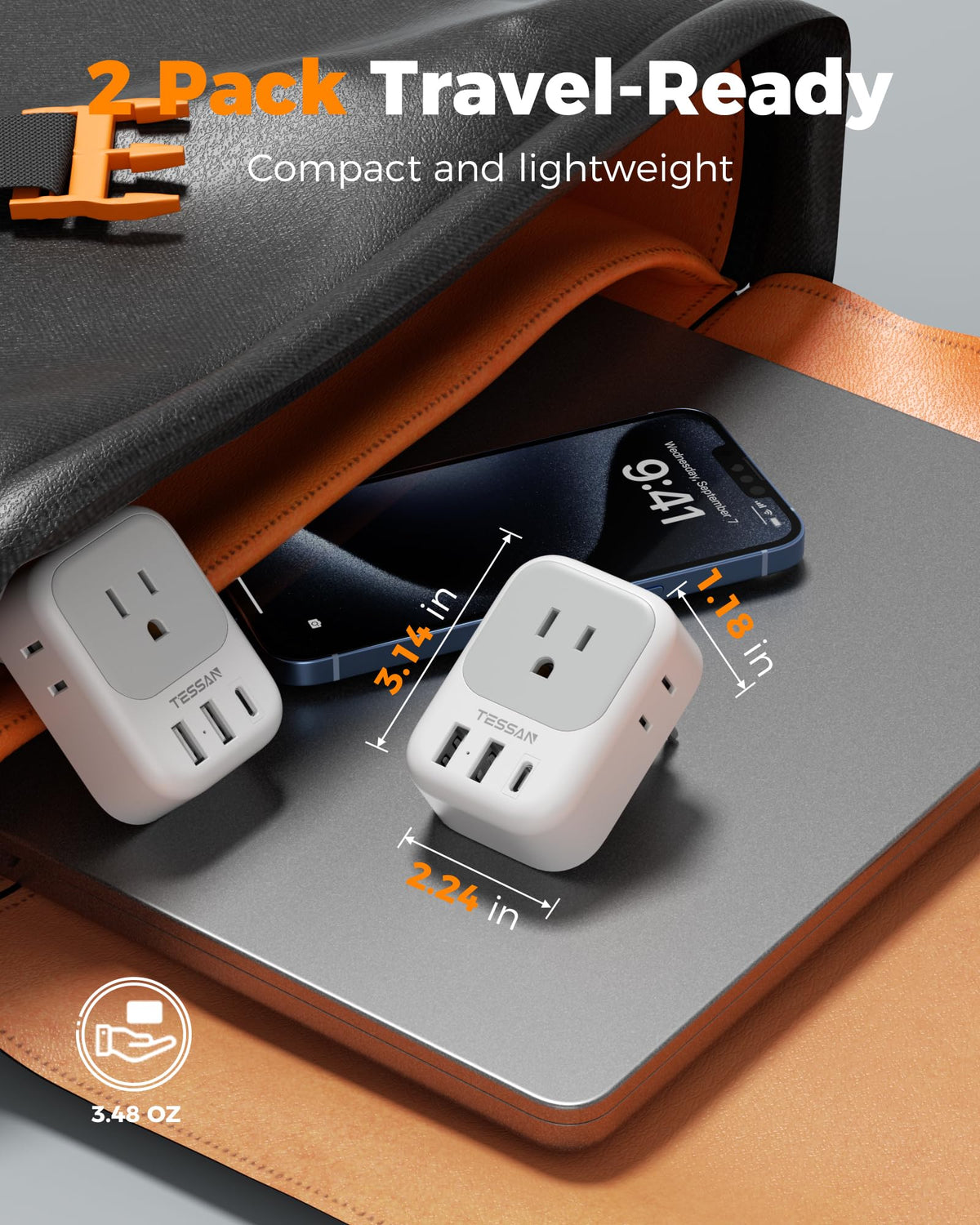 TESSAN European Travel Plug Adapter 2 Pack Type C Plug – back view and specifications