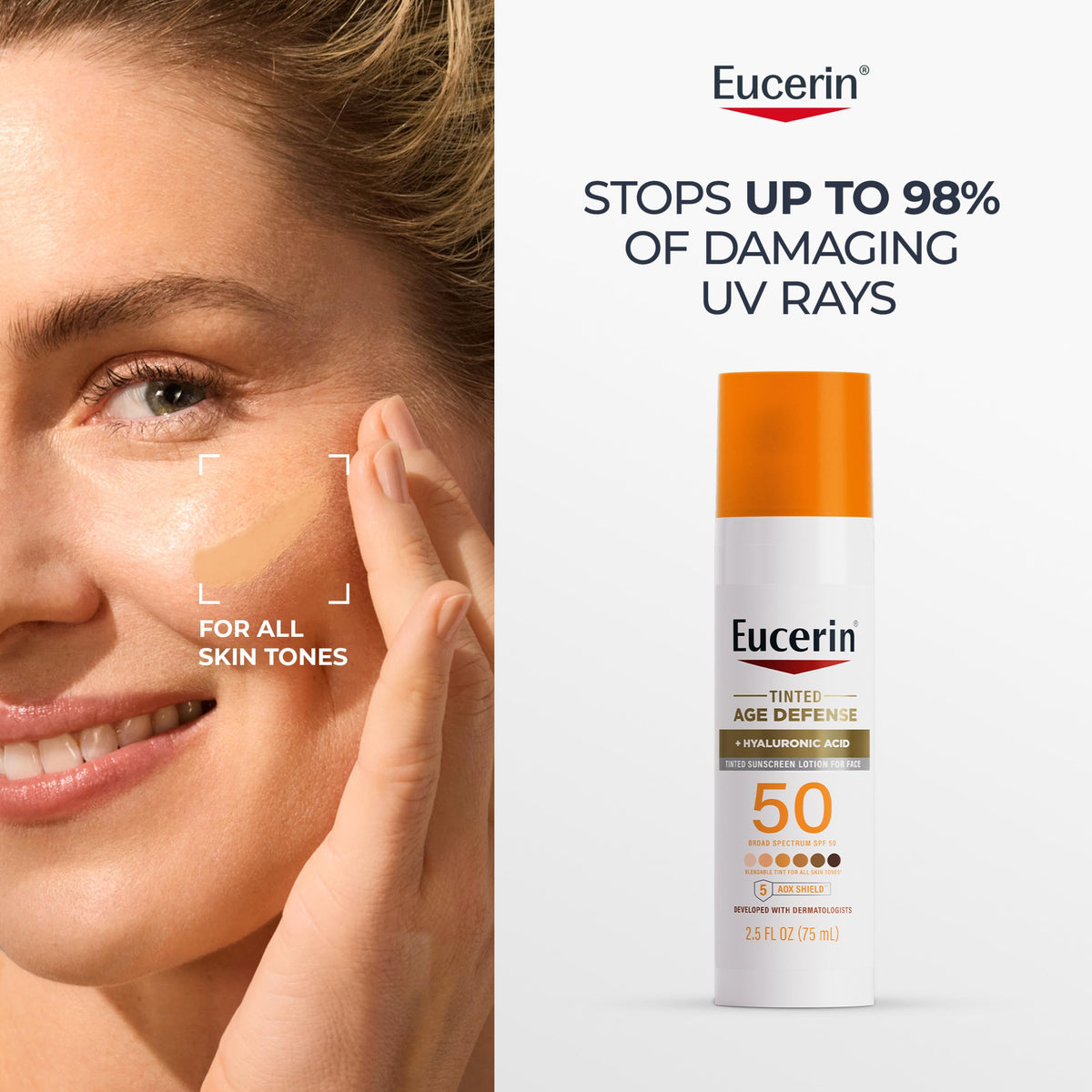 Eucerin Sun Age Defense Tinted Face Lotion SPF 50 2 5 FL OZ – back view and specifications