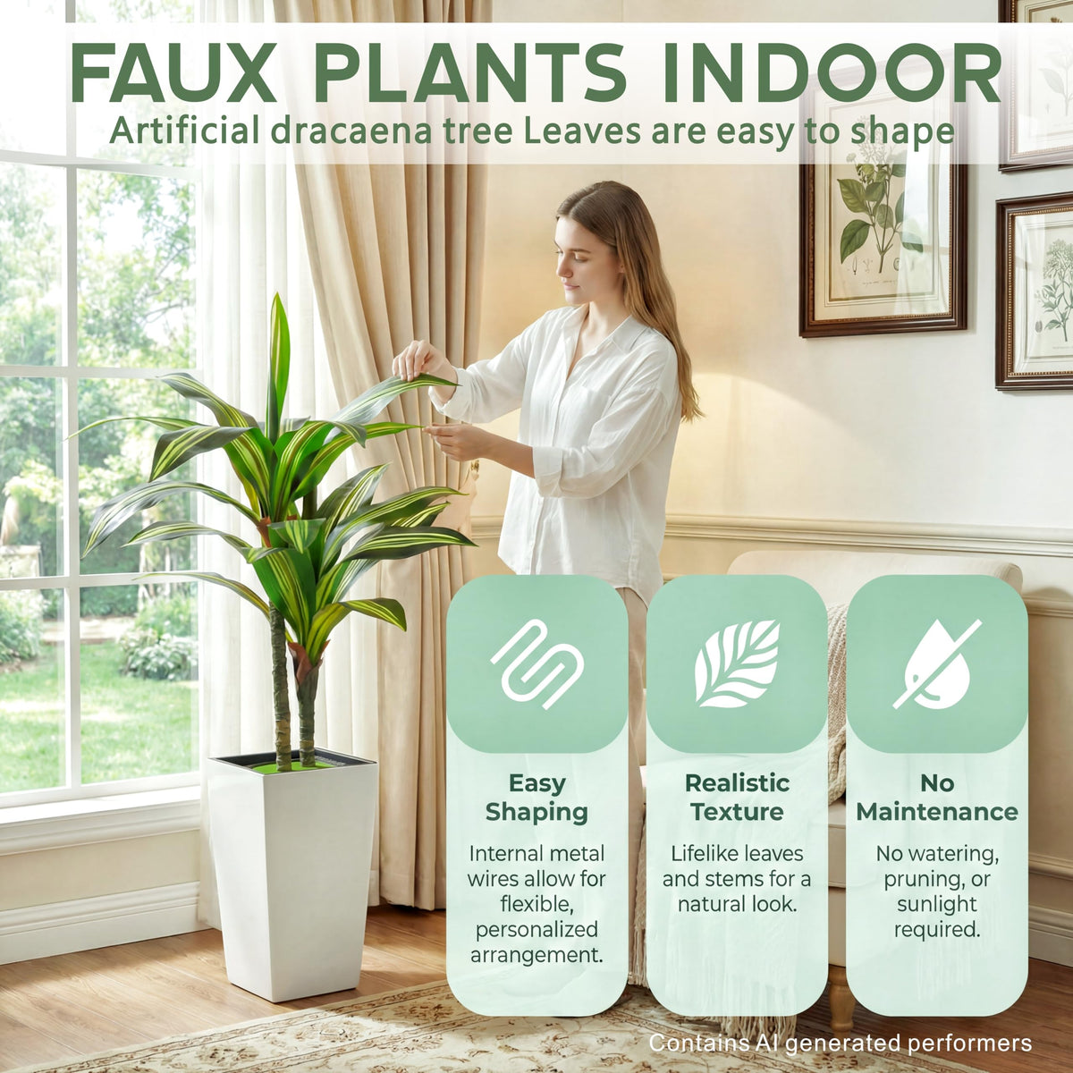 4FT Dracaena Artificial Plant with White Tall Planter - Baccraniate Official Imagery - 3