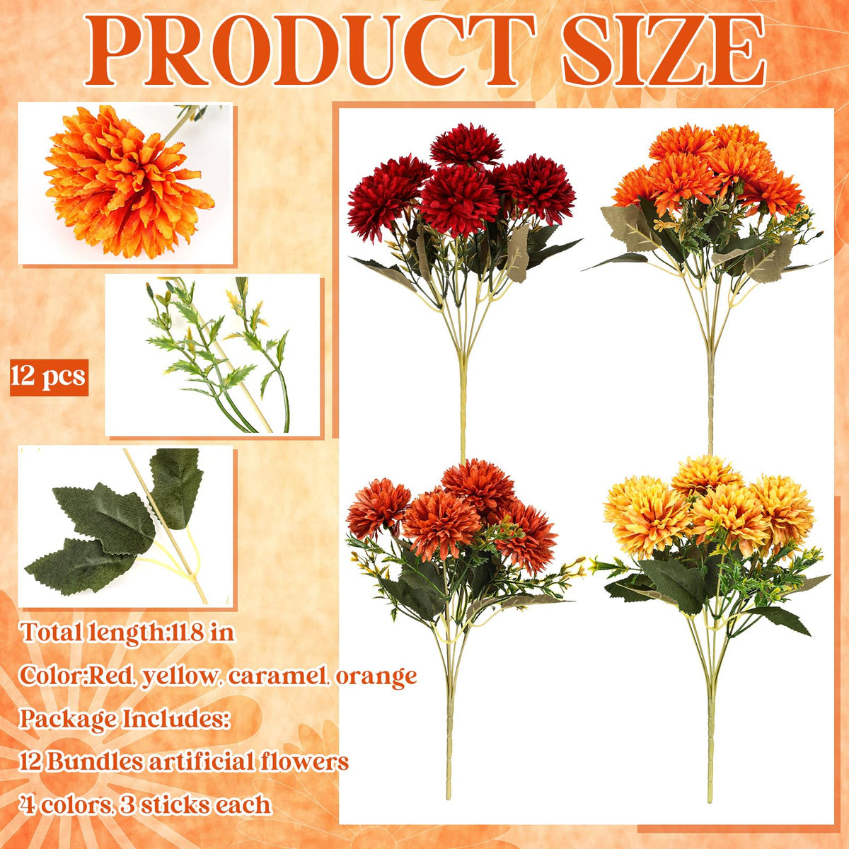 XunYee 12 Pcs Fall Artificial Flowers for Outdoor Faux Mums - XunYee Official Imagery - 3