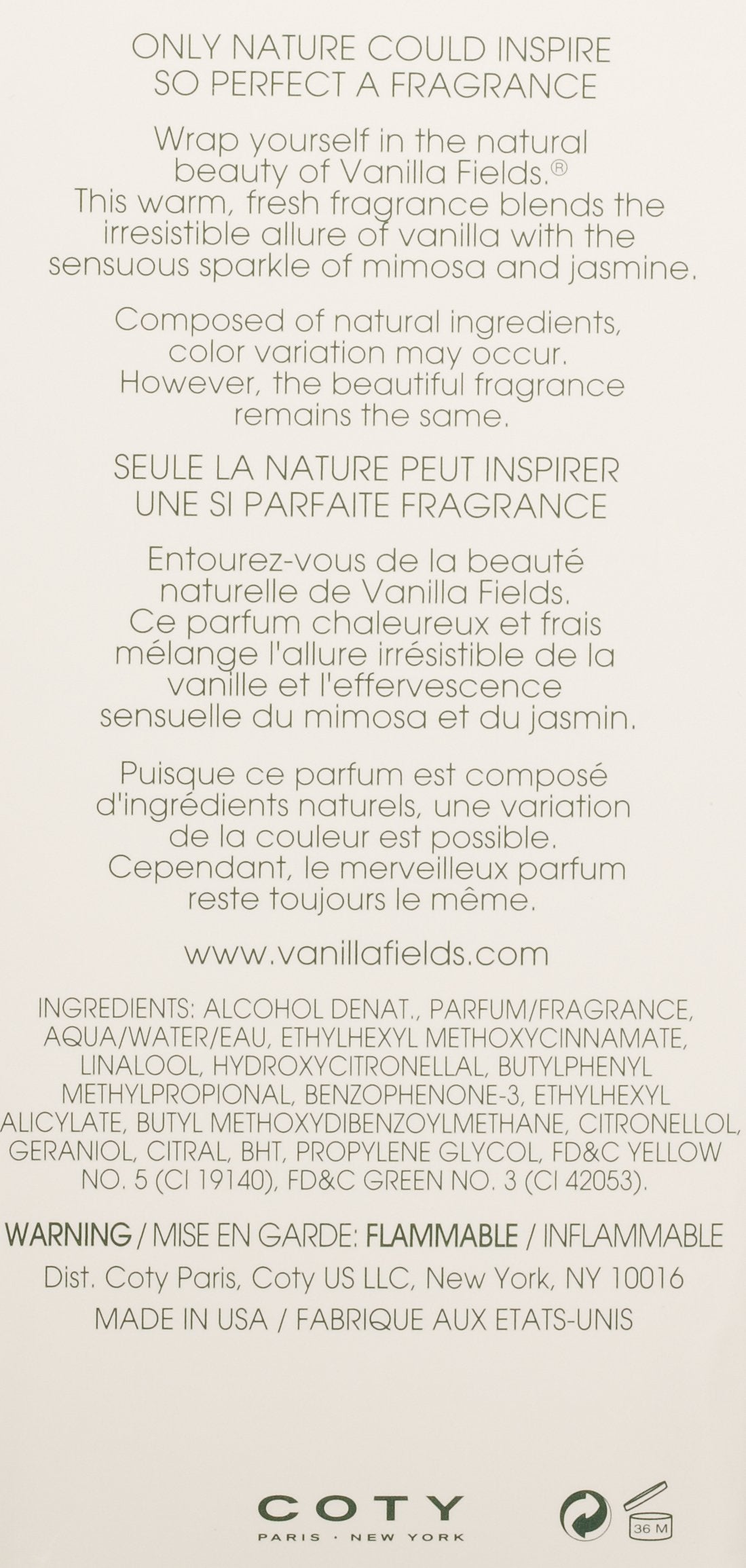 Vanilla Fields Cologne Spray Vegan Formula Perfume Enticing – packaging and label