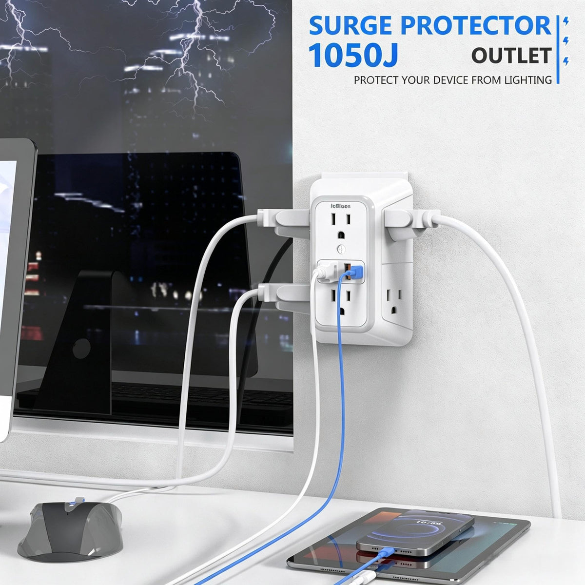 JcBlaon Outlet Extender Surge Protector – back view and specifications