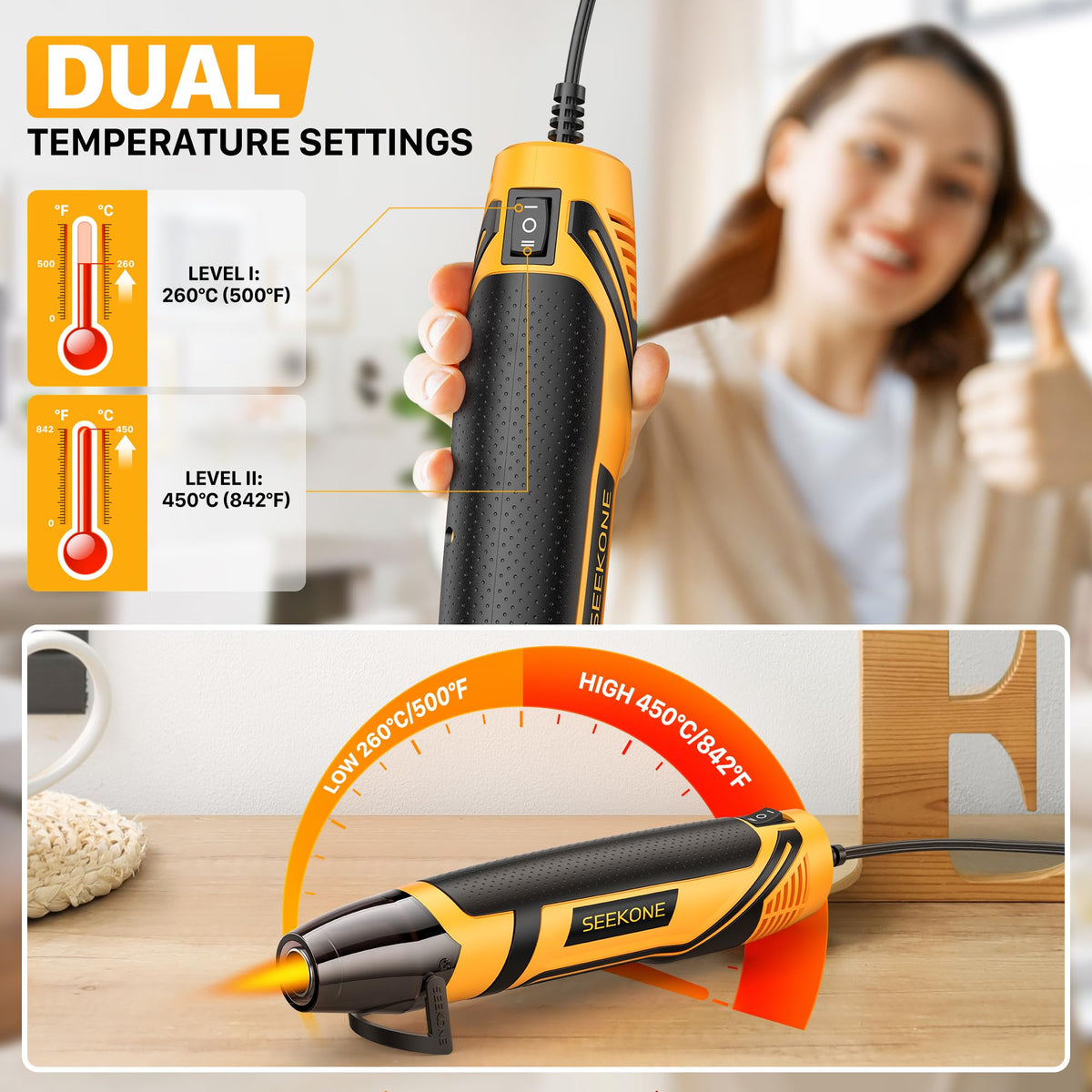 SEEKONE 350W Mini Heat Gun with 2 Temp Settings 842 500 – close-up detail in ‎Yellow