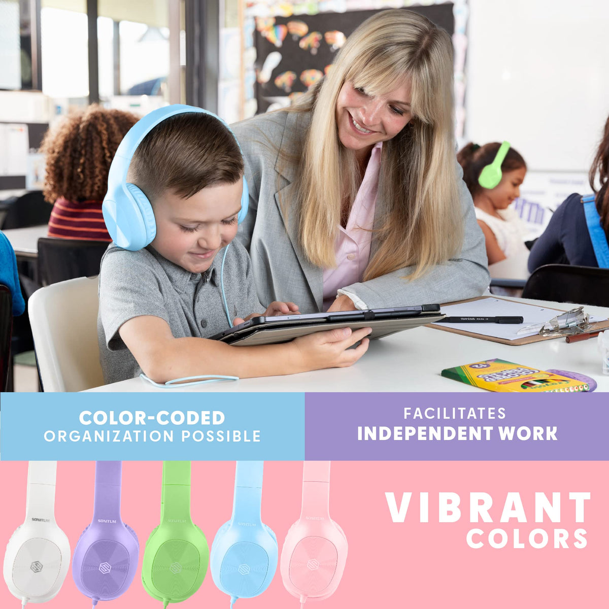 Sonitum Kids Headphones for School Bulk Set 5 Pack On Ear 3 – alternate angle