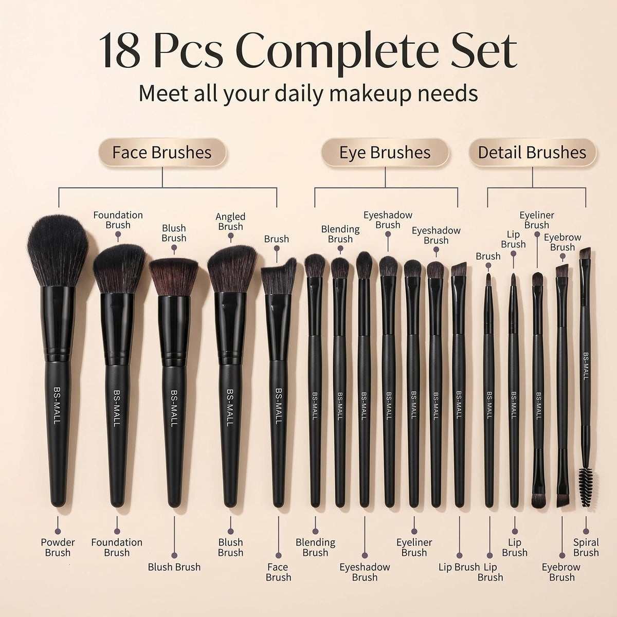 BS-MALL BS MALL Makeup Brush Set 18 Pcs Premium Synthetic Foundation – full view