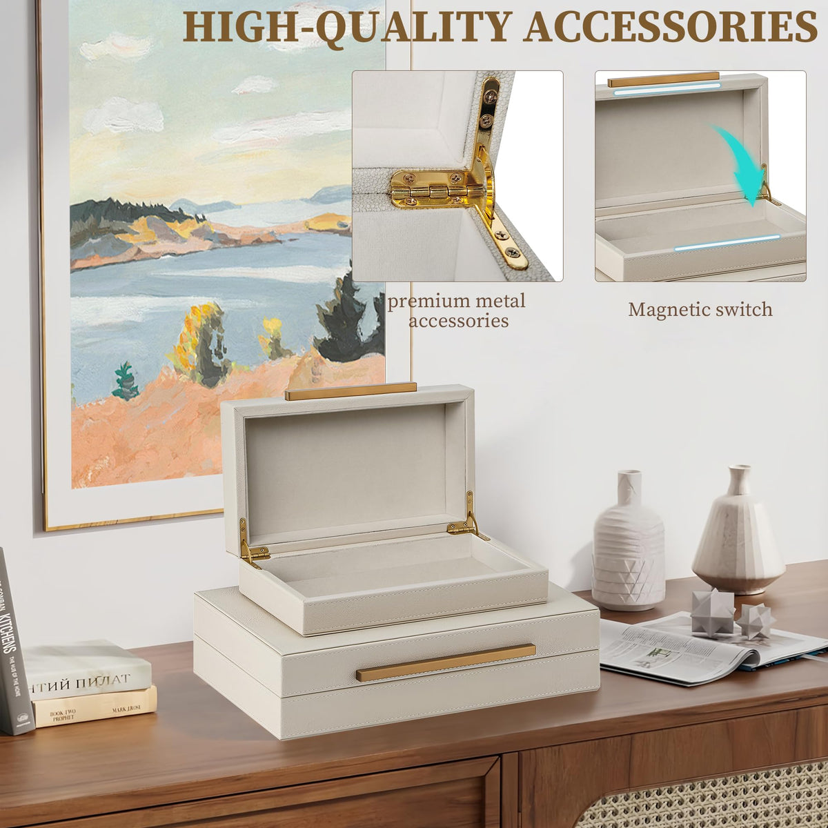 Set of 2 Shagreen Decorative Box Modern Faux Leather Beige - OIHYA Official Imagery - 5