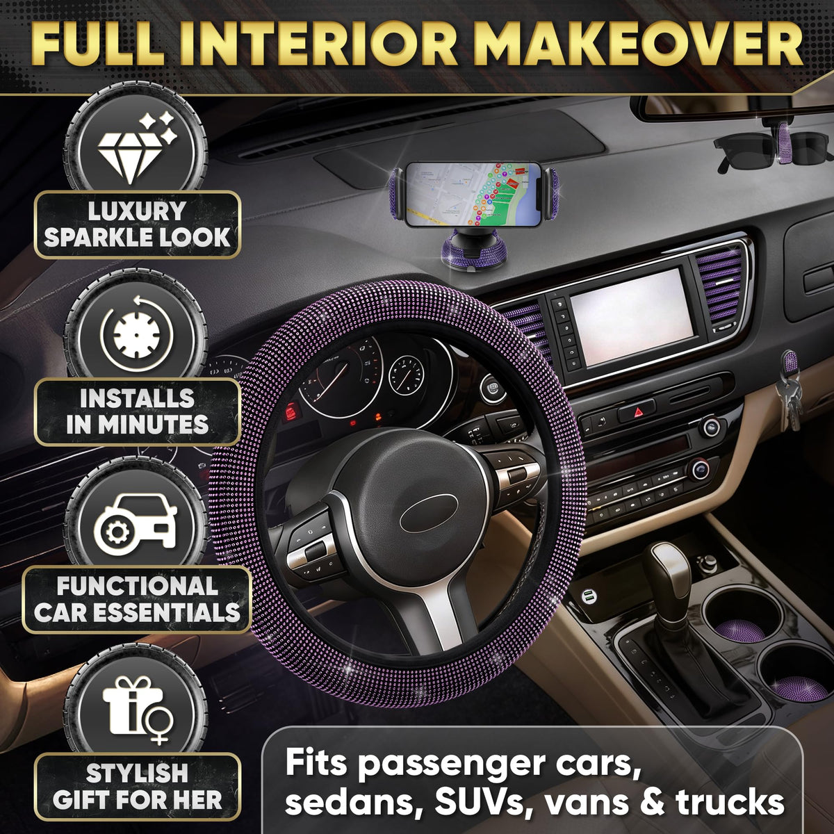 Purple Bling Car Accessories Set 27 Pcs for Women Drivers - Bling Car Decor Official Imagery - 4