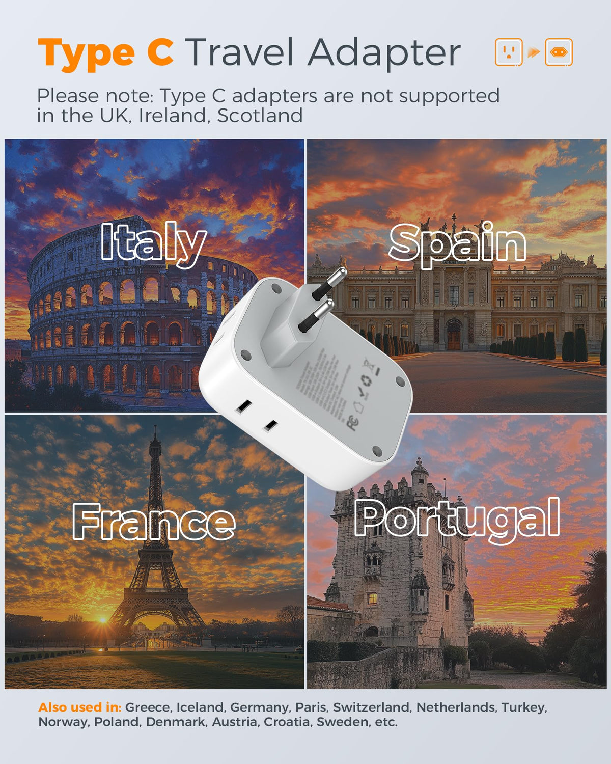 TESSAN European Travel Plug Adapter 2 Pack Type C Plug – close-up detail in White grey-Type C