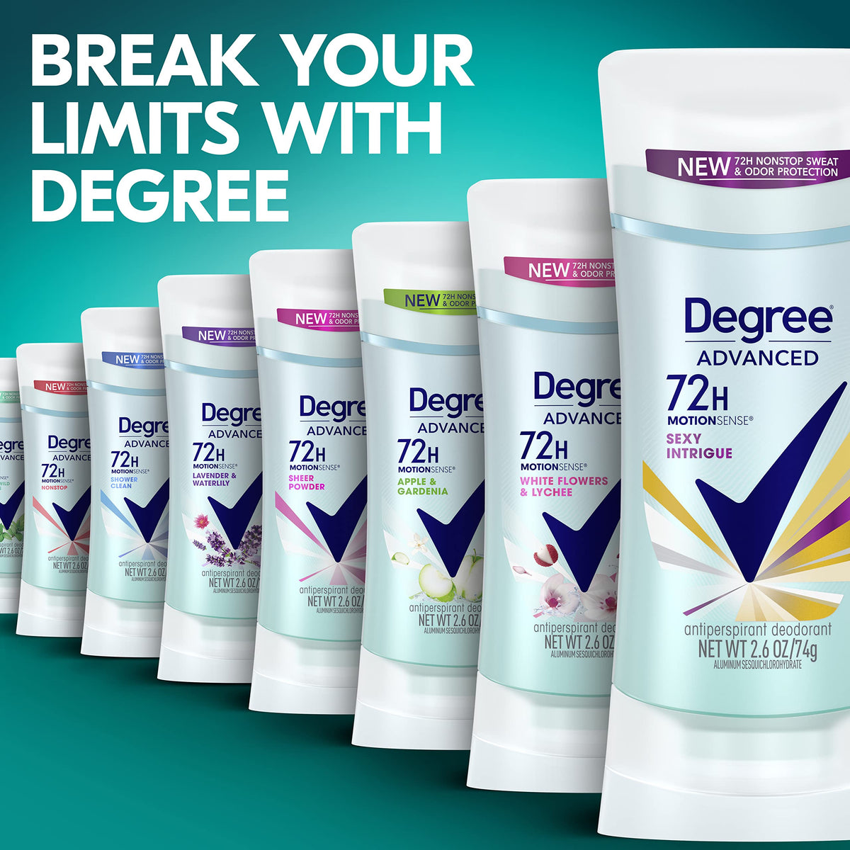 Degree Antiperspirant Deodorant Sexy Intrigue 2 6 oz 4 Count – packaging and label