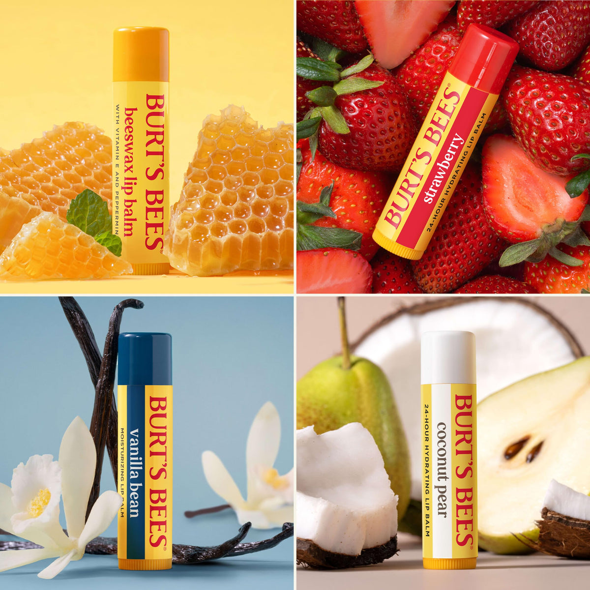Burt's Bees Burt s Bees Lip Balm Classic Flavor Pack 0 15 oz 4 Tubes – packaging and label