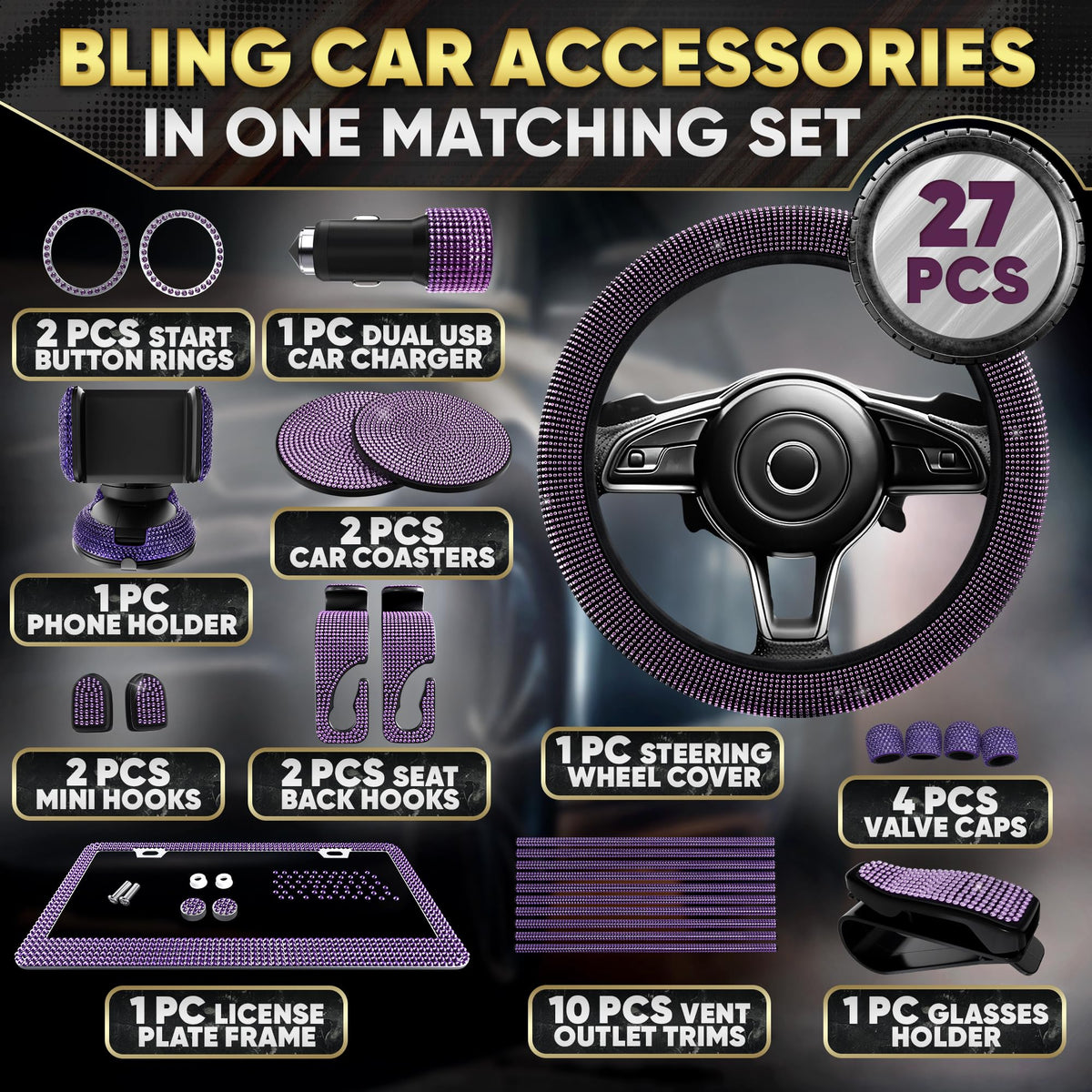 Purple Bling Car Accessories Set 27 Pcs for Women Drivers - Bling Car Decor Official Imagery - 3