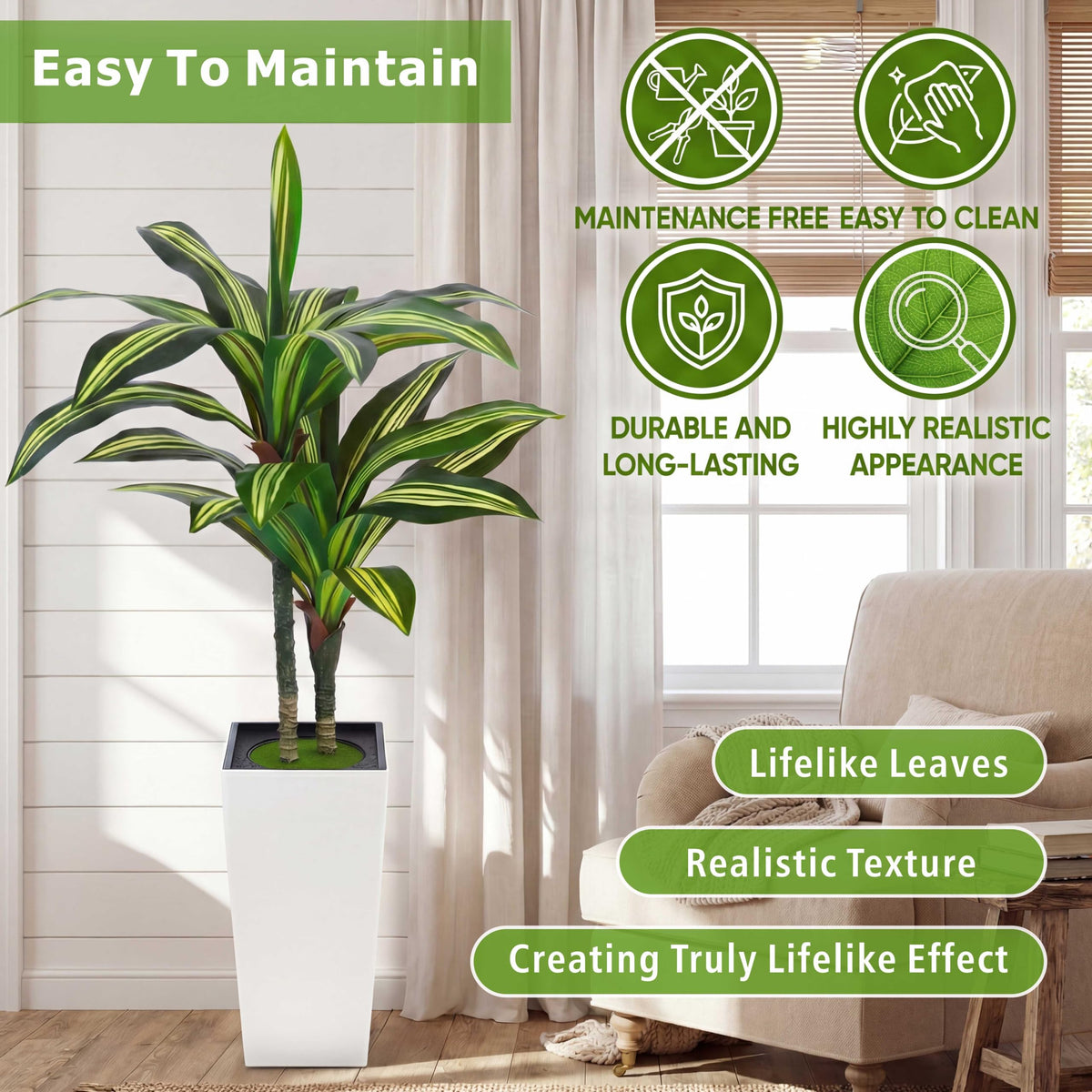 4FT Dracaena Artificial Plant with White Tall Planter - Baccraniate Official Imagery - 6