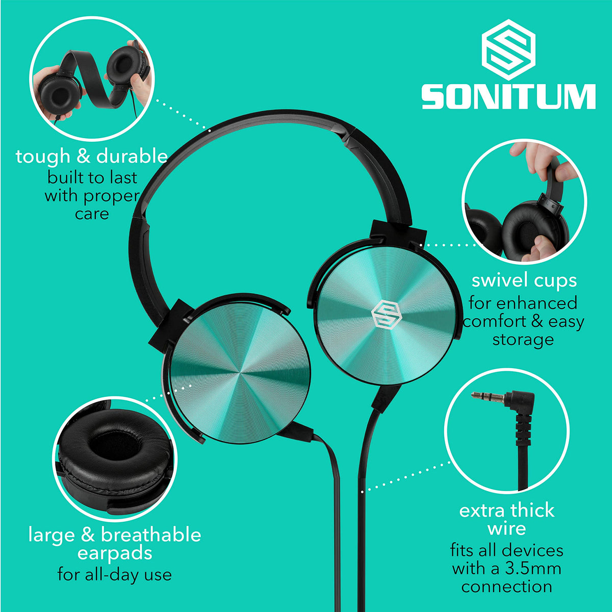 Sonitum Classroom Headphones Bulk 5 Pack Student On Ear Color – close-up detail in 5-Pack Black