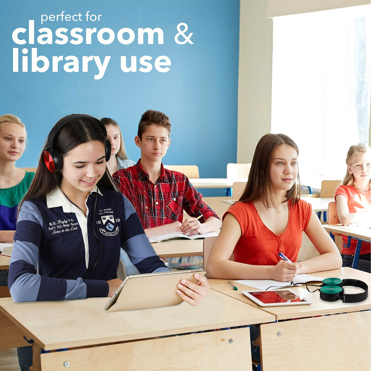 Sonitum Classroom Headphones Bulk 5 Pack Student On Ear Color – packaging and label