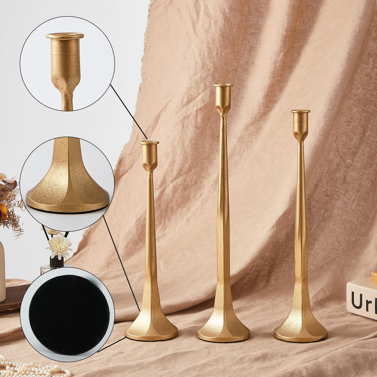 Denique Iron Taper Candle Holder Set of 3 Gold Candlestick - Denique Official Imagery - 7