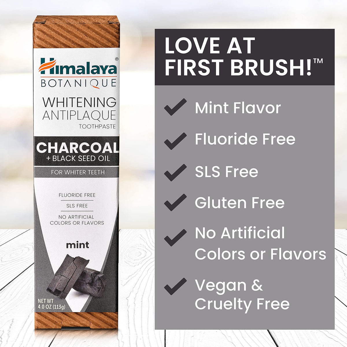Himalaya Botanique Whitening Antiplaque Charcoal Toothpaste – back view and specifications