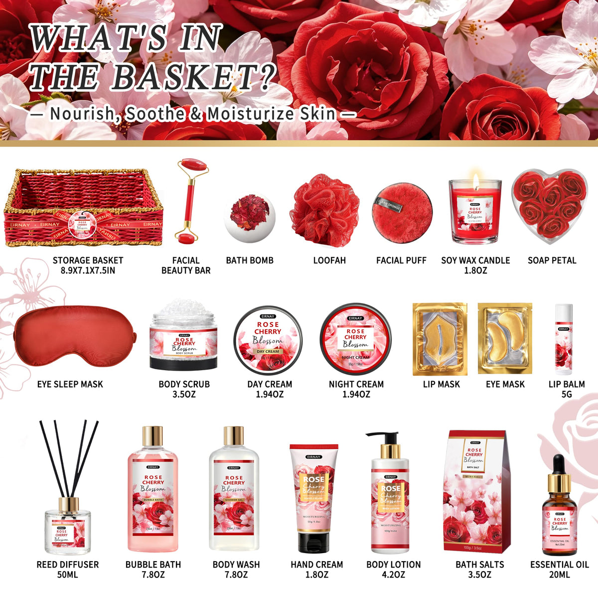 Gift for Women 21pcs Rose Cherry Blossom Spa Gift Baskets - EIRNAY Official Imagery - 3