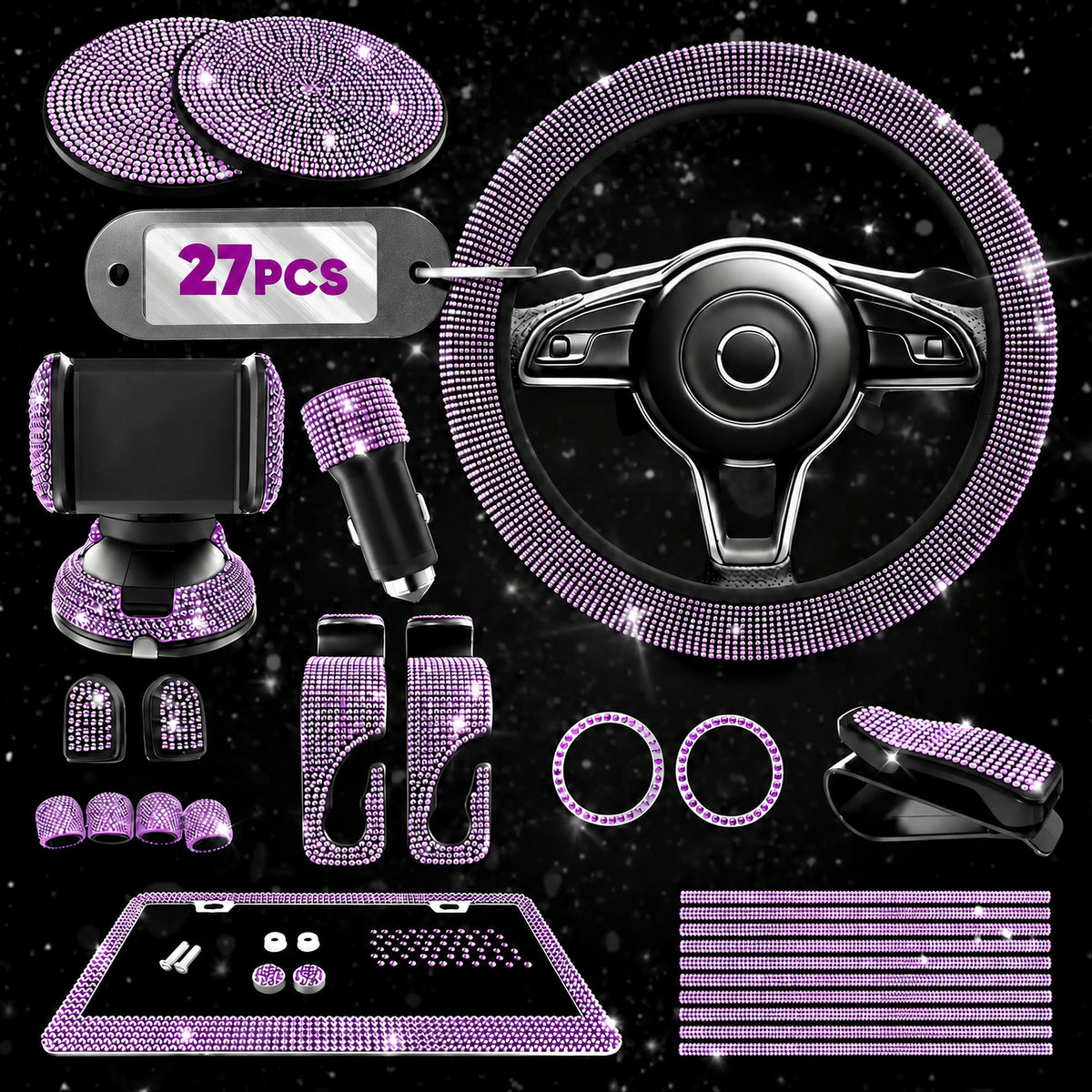 Purple Bling Car Accessories Set 27 Pcs for Women Drivers - Bling Car Decor Official Imagery - 2