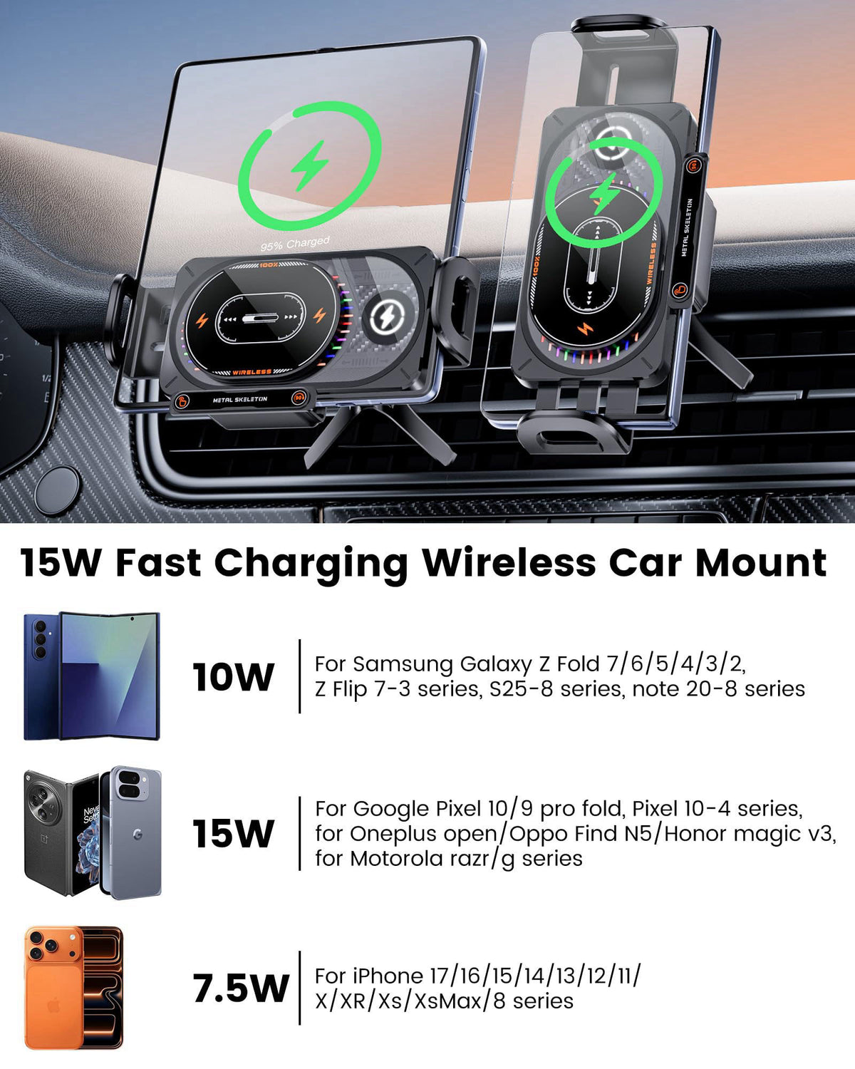 15W Fast Charging Wireless Car Charger Mount for Z Fold 7 6 by xuenair — view 4