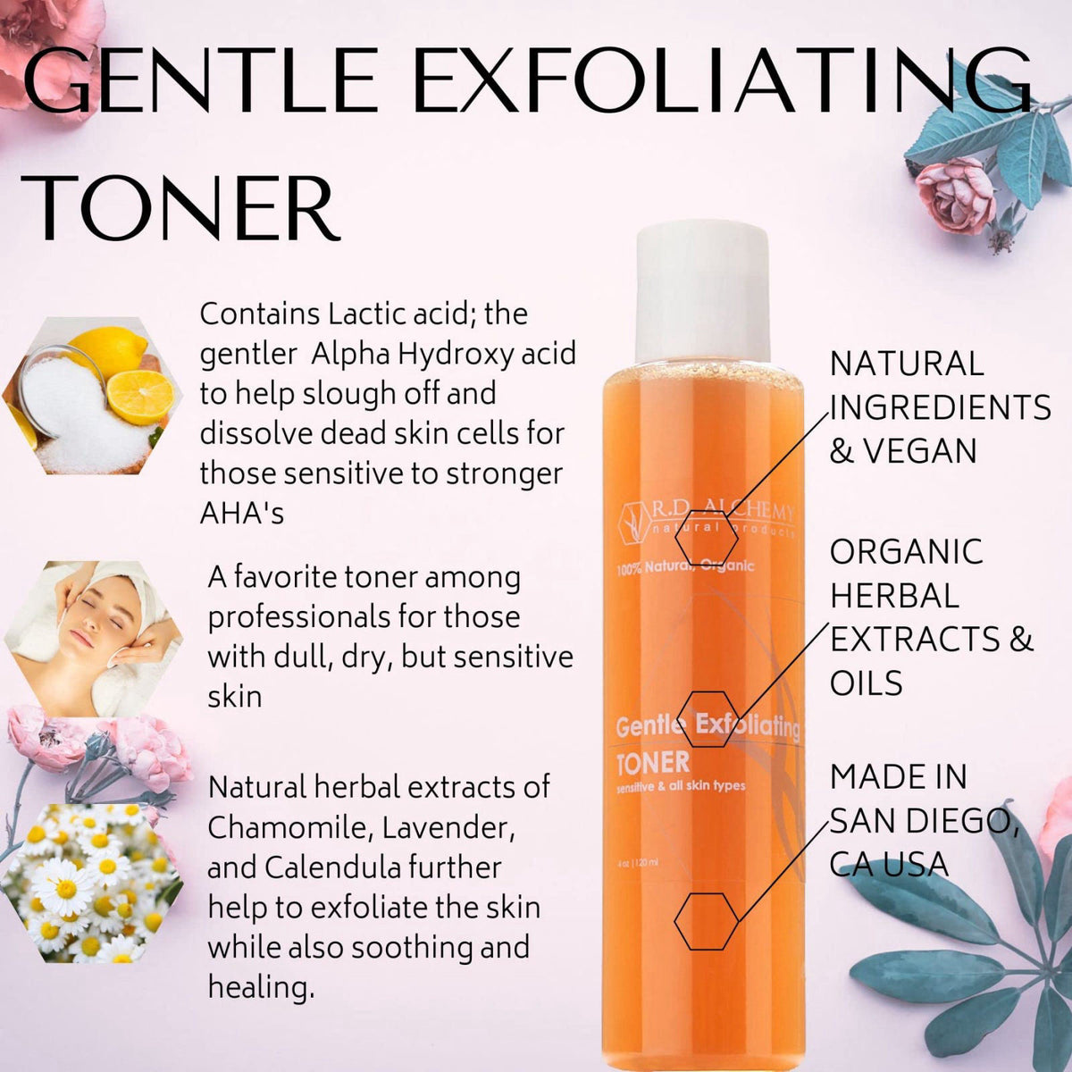 R.D. ALCHEMY 100% Natural & Organic Gentle Exfoliating Toner. Best Toner for Dull, Dry and Drab Skin. Remove Dead Skin C