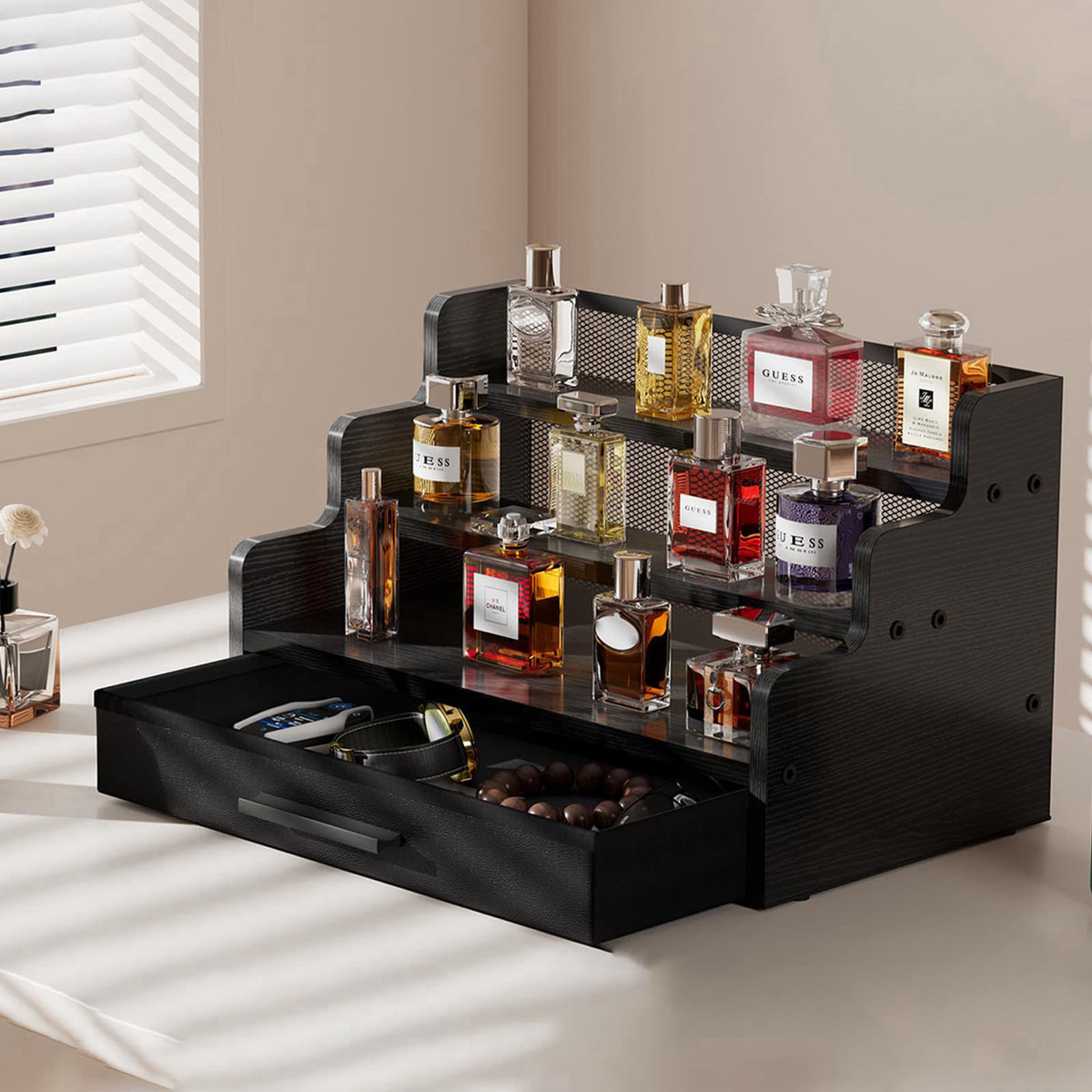 Yuzehuaza Cologne Organizer for Men 3 Tier Black Wooden — view 3