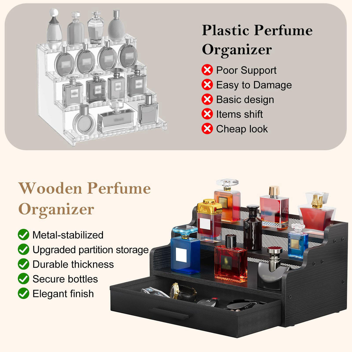 Yuzehuaza Cologne Organizer for Men 3 Tier Black Wooden — view 5