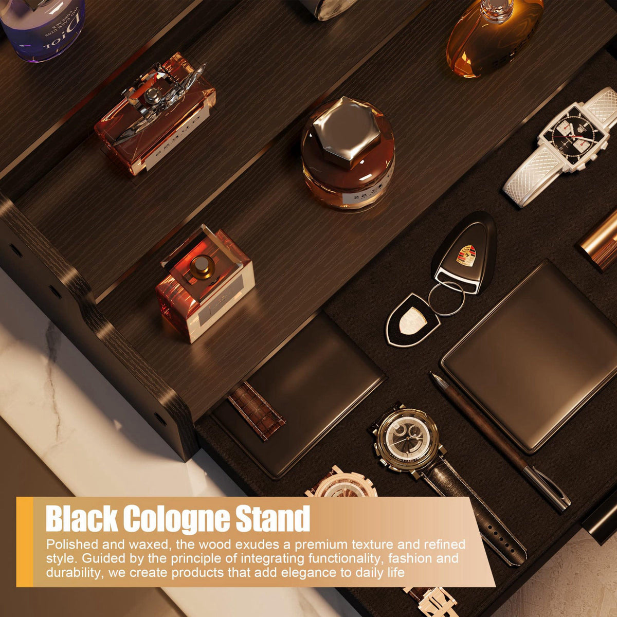 Yuzehuaza Cologne Organizer for Men 3 Tier Black Wooden — view 6