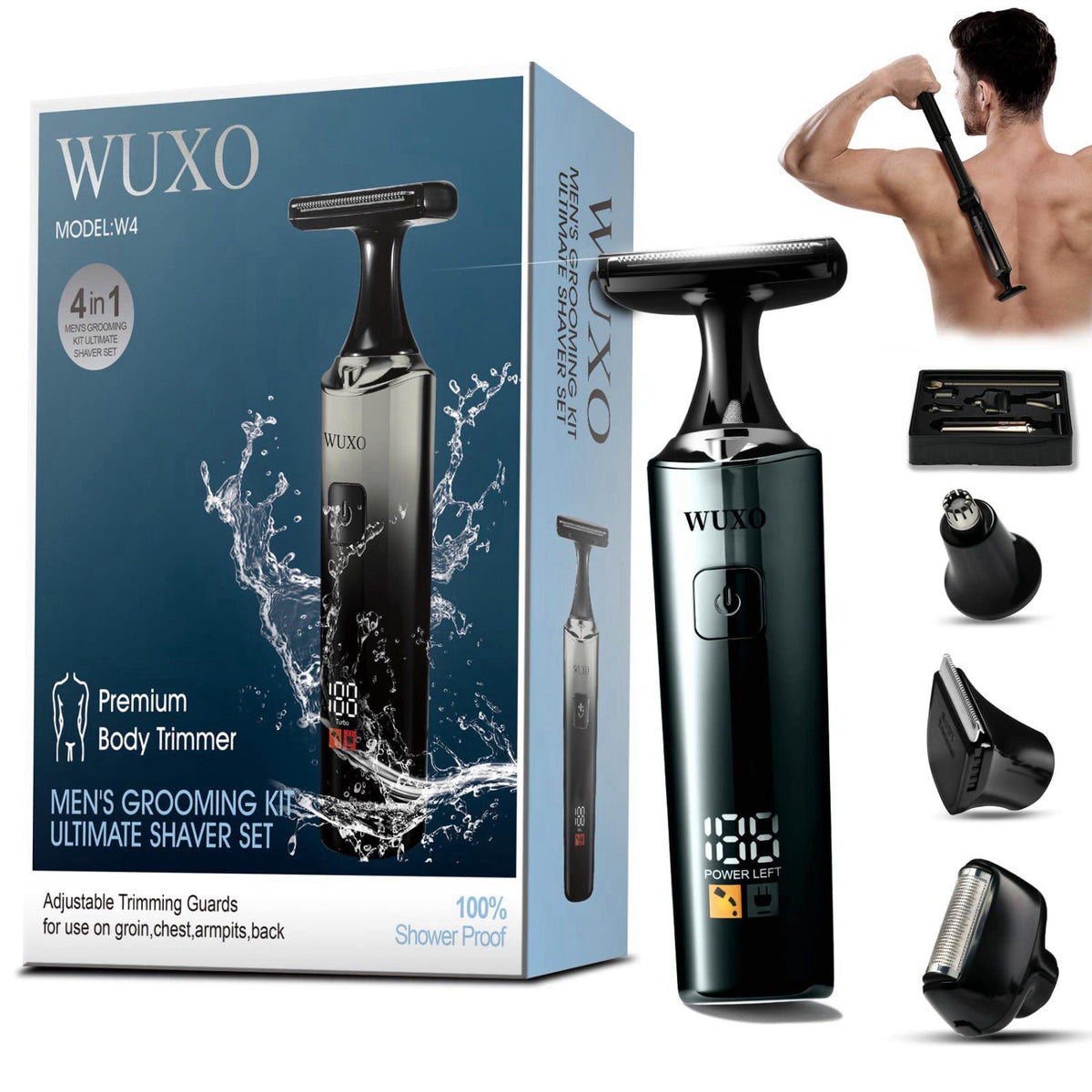 Back Shaver for Men 4 in 1 LED Display Electric Groin Hair by WUXO