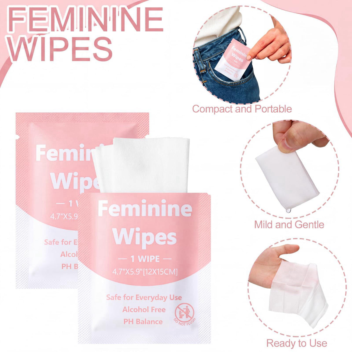 300 Pieces Bulk Feminine Wipes Individually Wrapped Pink by Dansib — view 4