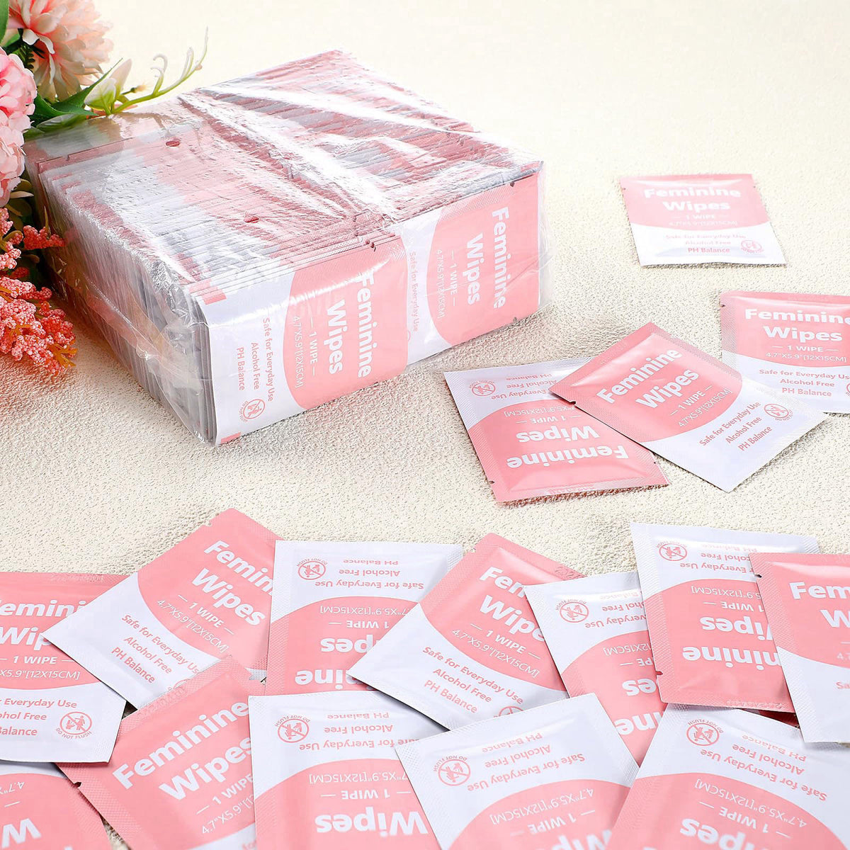 300 Pieces Bulk Feminine Wipes Individually Wrapped Pink by Dansib — view 8