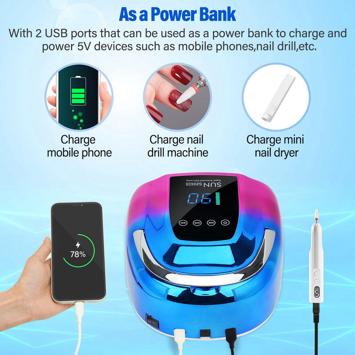 UV LED Nail Lamp Dryers Cordless 128W Portable Rechargeable by ShineCai — view 4