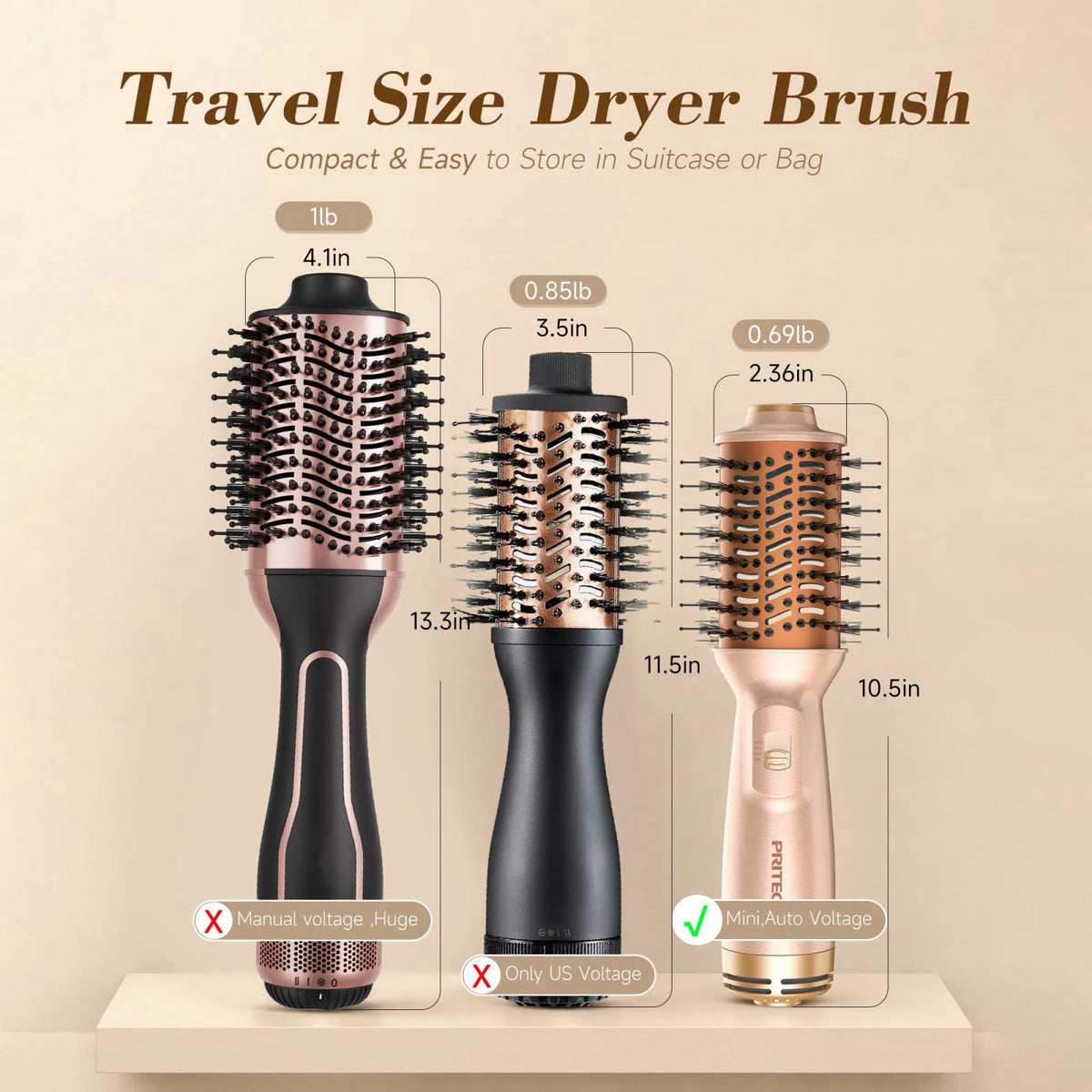 PRITECH Auto Dual Voltage Hair Dryer Brush for Travel Ionic — view 3