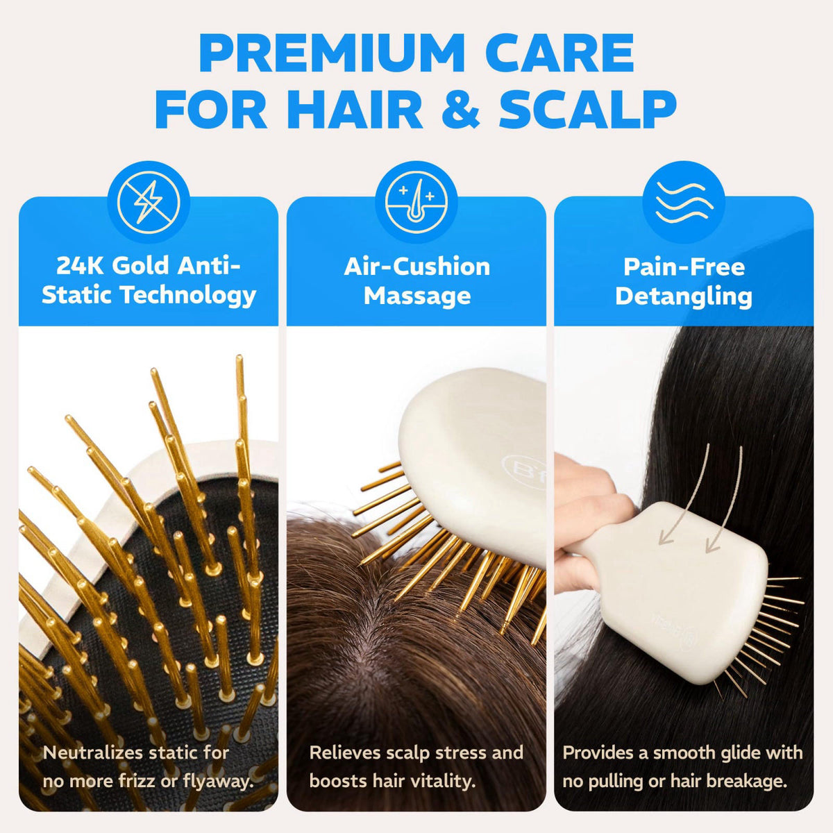 24K Gold Plated Gua Sha Hair Brush Scalp Massager for Hair by Befanty — view 3